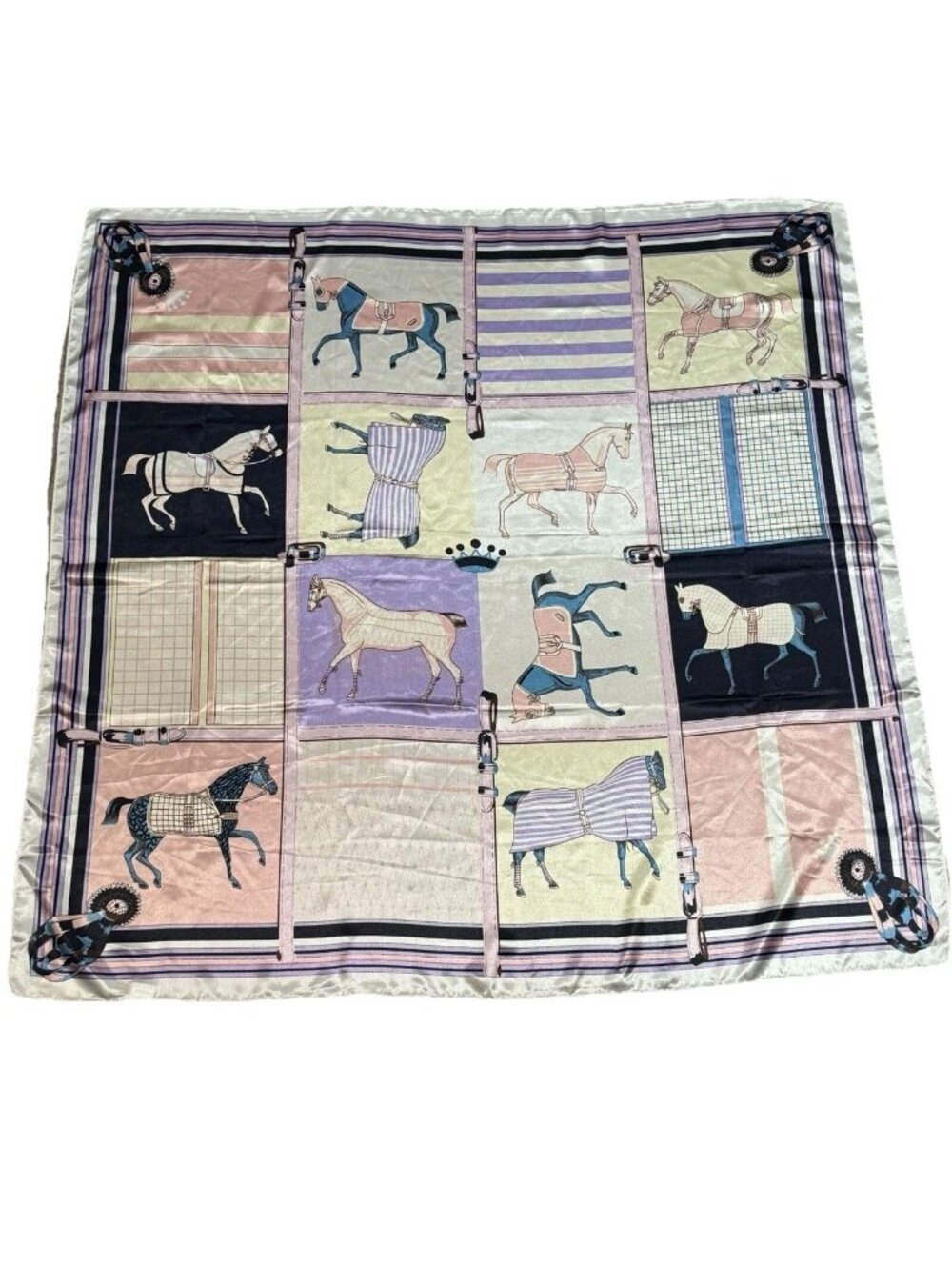 VINTAGE 80s Pastel Pink Purple Show Horse Equestrian Crown Satin Polyester Scarf